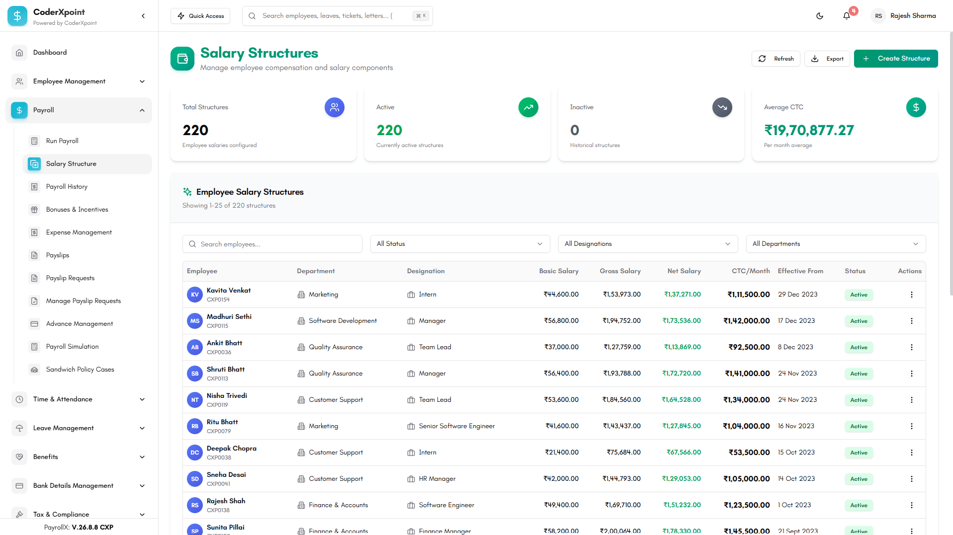 Employee payslip screen in PayrollX