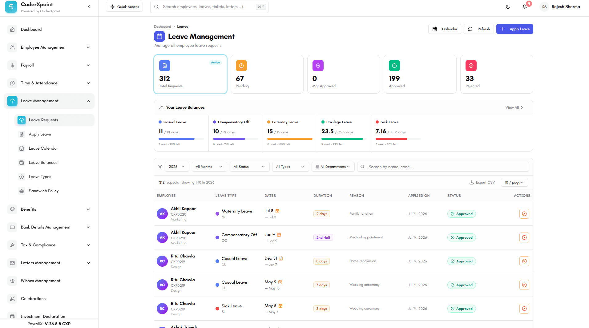 Leave operations screen in PayrollX